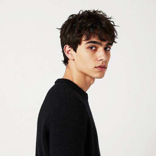 Photograph of a young, fair-skinned man with tousled dark brown hair, wearing a black sweater, facing right against a plain white background.
