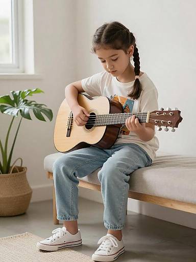 Young Girl Practicing Guitar in Sunlight