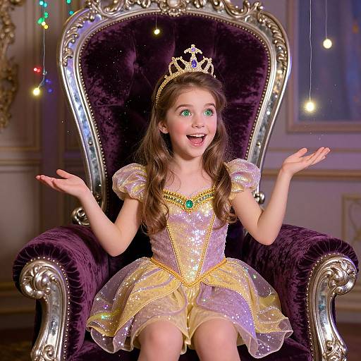 Photograph of a young girl with long brown hair, wearing a glittery purple and gold fairy tale dress, tiara, and sitting on an orn