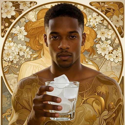 Photograph of a muscular Black man with short hair, holding a glass with ice, set against a golden floral and circular frame background.