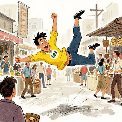 Cartoon of a joyful, black-haired man in a yellow shirt mid-leap in a bustling outdoor market, surrounded by shoppers and vendors. Colorful