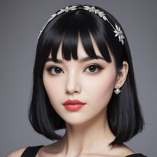 Portrait of Asian Woman with Black Hair and Hair Ornament