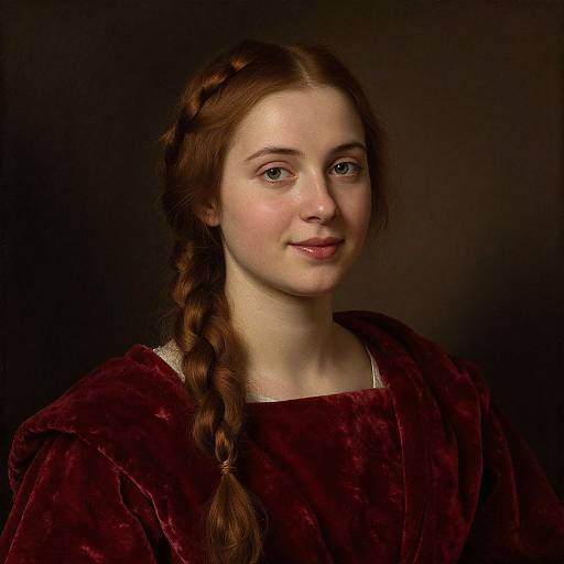 Photograph of a fair-skinned, red-haired woman with a braid, wearing a deep red velvet dress, against a dark background.