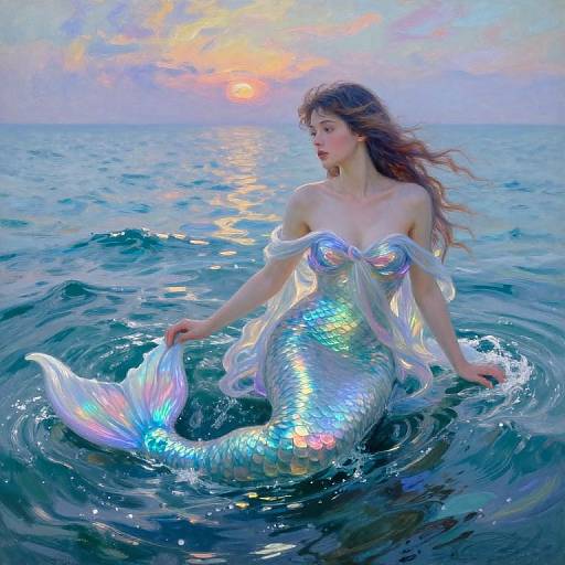 Digital painting of a beautiful mermaid with iridescent scales and flowing brown hair, seated in calm ocean water at sunset.