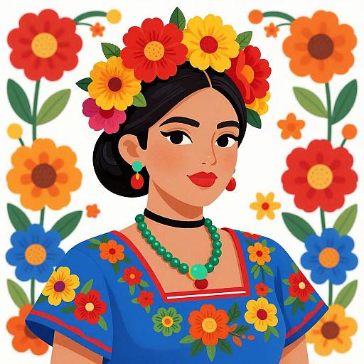 Digital illustration of a smiling Latina woman with dark hair, adorned with a flower crown, wearing a colorful blue floral dress, green bead necklace, and red