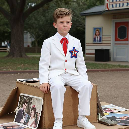 Photograph of a young boy in a white suit with red tie and blue star pin, sitting on a cardboard box, surrounded by magazines, in a