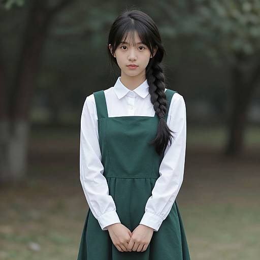 Photograph of an Asian woman with long black braided hair, wearing a white shirt and green pinafore dress, standing in a blurred forest background