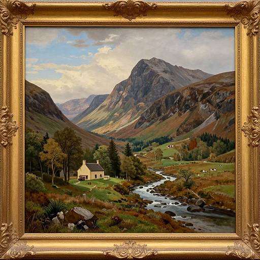 Photograph of a detailed, realistic oil painting in an ornate, gold, baroque-style frame, depicting a serene mountain landscape with a white cottage