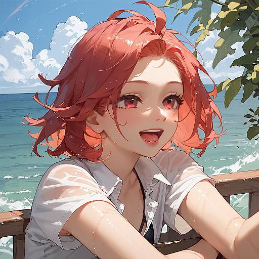 Happy Red-Haired Girl at the Beach