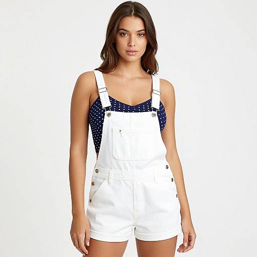 Photograph of a young woman with medium-length brown hair, wearing white denim overalls over a navy blue polka dot top, standing against a plain