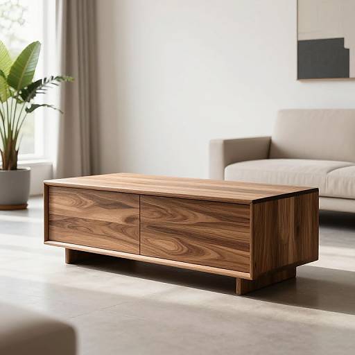 Photograph of modern wooden coffee table with rich, natural grain, sleek design, and minimalist legs, set in a bright living room.