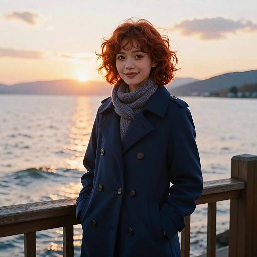Young Woman by Lake at Sunset