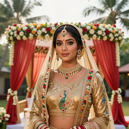 Photograph of an Indian bride in a gold embroidered lehenga, veil, and jewelry, standing in front of a floral arch, red curtains, and