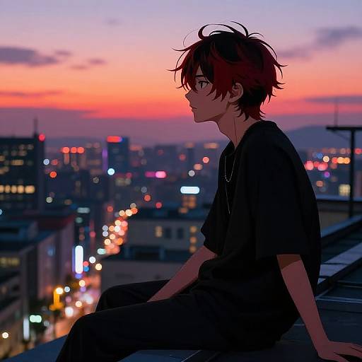 Anime-style digital drawing of a red-haired boy with messy hair, wearing a black shirt, sitting on a rooftop at sunset, city lights blurred in the