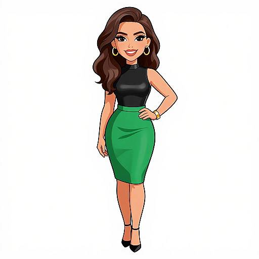 Cartoon-style illustration of a confident woman with long brown hair, wearing a black sleeveless top and green pencil skirt, black heels, and hoop earrings