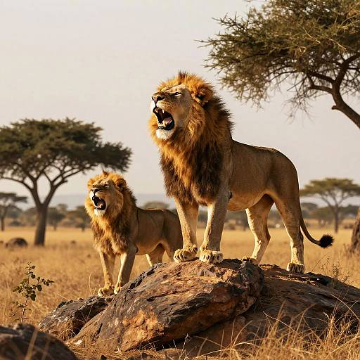 Photograph of two lions standing on a rock in a sunlit savanna, with a larger male and smaller male in the background, both roaring.