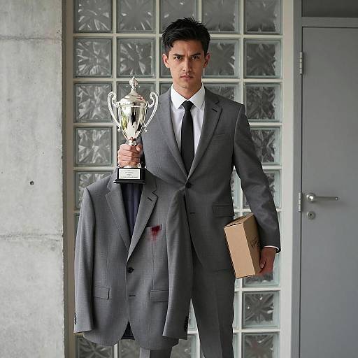 Serious Man in Gray Suit with Trophy