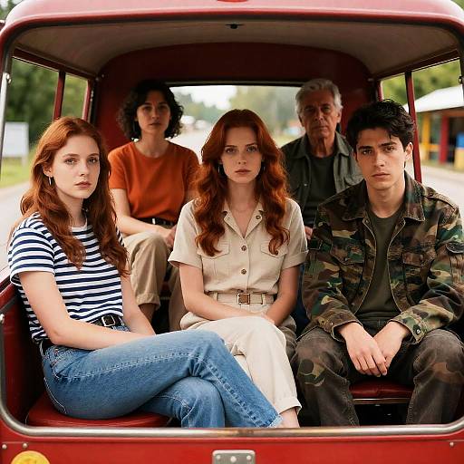 Group of six people sitting in red open-air cart