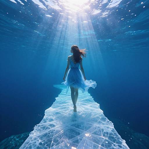 Photograph of a woman with long brown hair in a white dress, walking underwater, illuminated by sunlight, creating a glowing, ethereal pathway.