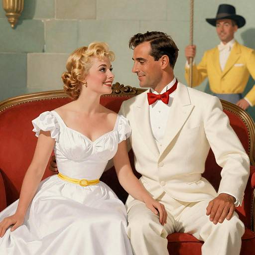 Charming Vintage Couple on Red Couch