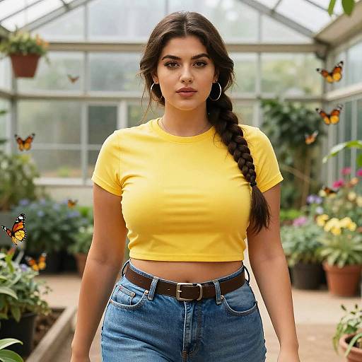Stylish Woman in Greenhouse Garden