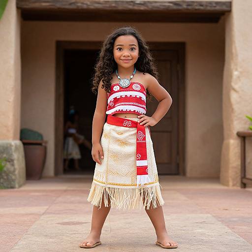 Photograph of a smiling young girl with curly black hair, wearing a red and white traditional dress with fringe, standing confidently in front of a rustic,