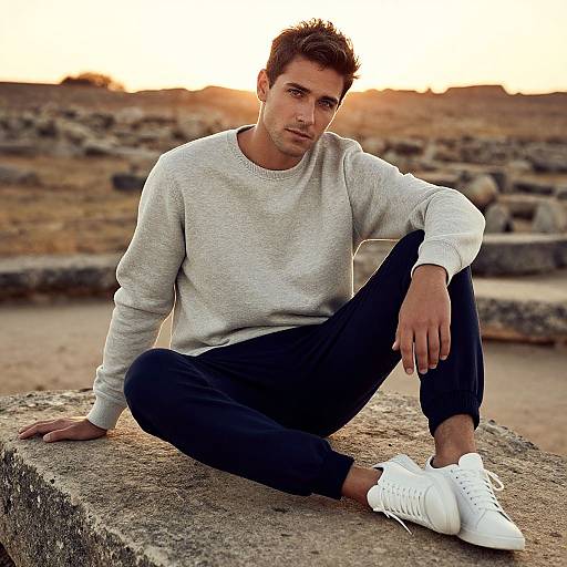 Photograph of a handsome man with short brown hair, wearing a grey sweater, black pants, and white sneakers, sitting on a stone in a sun