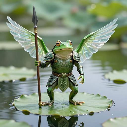 Photograph of a green frog figurine with angel wings, armor, and a spear, standing on a lily pad in a pond.