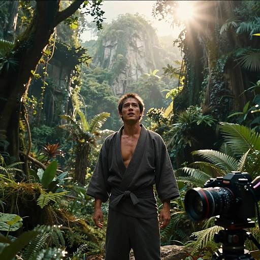 Photograph of a rugged, shirtless man in a gray robe standing in a lush, sunlit jungle, with a camera to his right.