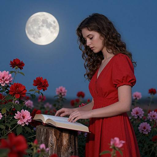 Photograph of a curly-haired woman in a red dress, reading a book at a wooden stump, surrounded by red and pink flowers under a bright full