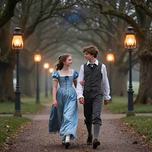 Photograph of a young couple in Victorian attire walking along a tree-lined path with glowing street lamps, holding hands, smiling.