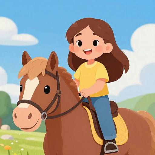 Happy Girl Riding Brown Horse Pixar Style