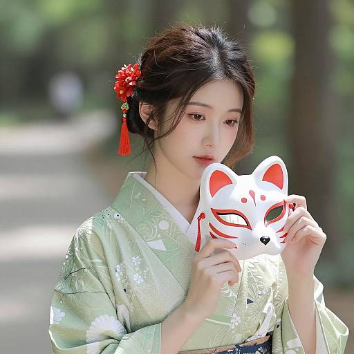 Asian woman in kimono holding fox mask