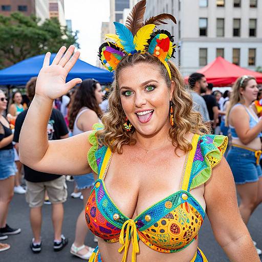 Photograph of a smiling, curvy, fair-skinned woman with curly brown hair, wearing a colorful, feathered headband and vibrant, tropical