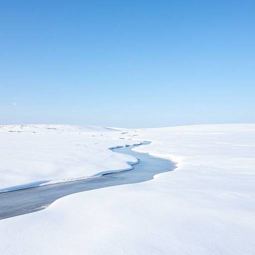 Photograph of a snowy landscape with a winding, partially frozen river under a clear, vibrant blue sky. Bright white snow contrasts with the dark, icy