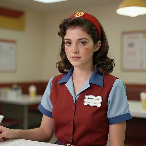 Photograph of a young woman with fair skin and dark brown, wavy hair, wearing a red uniform with blue sleeves and a name tag, standing