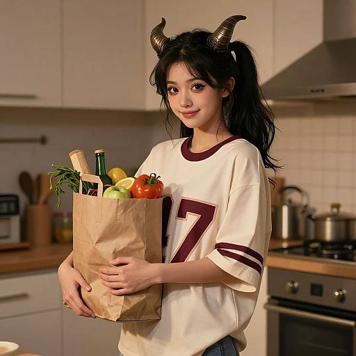 Digital artwork of a cute Asian woman with black hair, small horns, wearing a white 