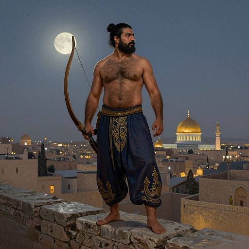 Photograph of a muscular, bearded man with dark hair in a bun, shirtless, wearing blue embroidered pants and holding a bow, standing on