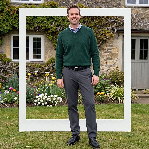 Man in Stylish Golf Outfit by Cottage