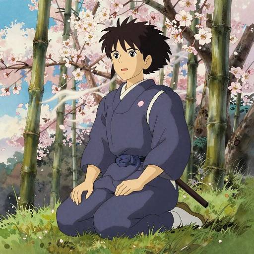 Ancient Samurai Kneeling in Bamboo Grove