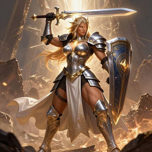Digital artwork of a blonde, muscular female warrior in silver armor, holding a sword and shield, standing triumphantly amidst a fiery, rocky landscape.