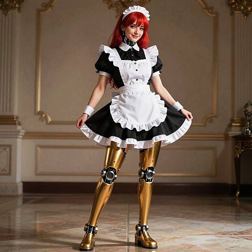 Digital art of a red-haired woman in a black and white French maid outfit, gold cybernetic legs, standing in an ornate room.