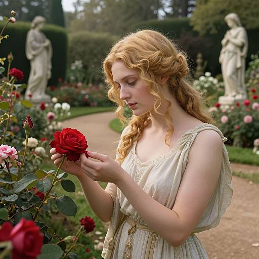 Photograph of a fair-skinned, blonde woman with wavy hair in a cream dress, gently holding a red rose in a lush garden with statues