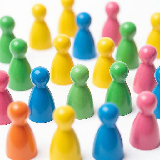 Photograph of colorful, small, rounded, plastic figures in blue, yellow, green, pink, and orange, scattered on a white background.