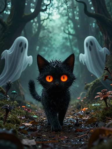 Digital illustration: Fuzzy black cat with glowing orange eyes walking down a forest path, flanked by two translucent white ghosts.