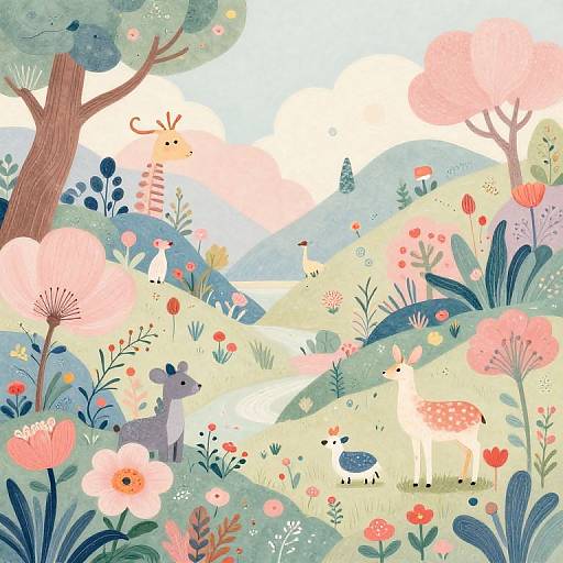 Whimsical digital illustration of a colorful, floral-filled forest with deer, rabbits, and trees, featuring soft pastel colors and playful patterns.