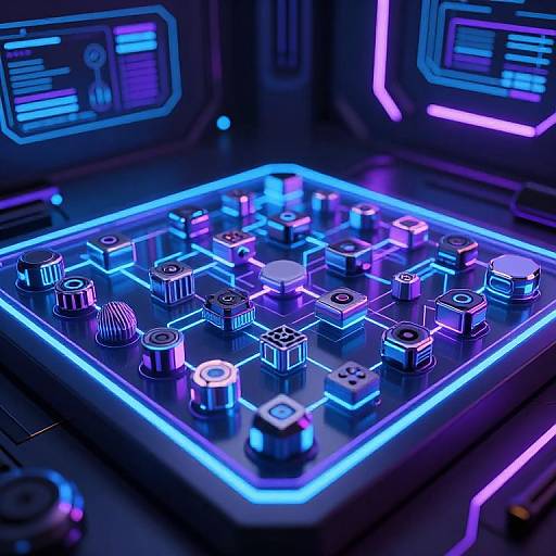 Photograph of a futuristic, glowing neon blue and purple control panel with illuminated buttons and a grid layout, set against a dark, sci-fi themed background