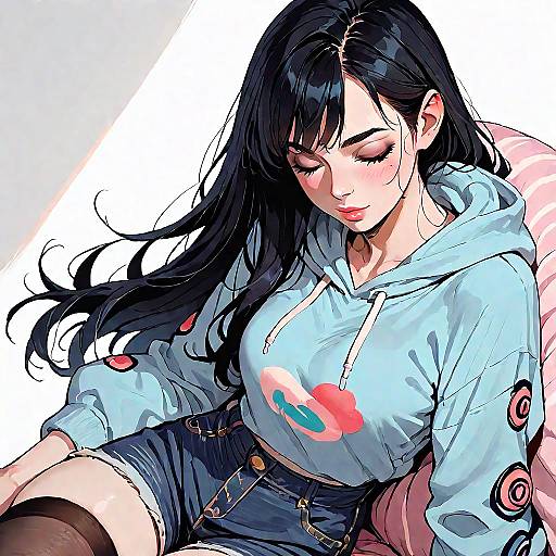 Anime Girl with Black Hair in Hoodie and Denim Shorts
