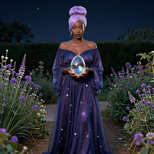 Photograph of a dark-skinned woman in a starry, off-shoulder dark blue gown, holding a glowing orb, standing in a moon