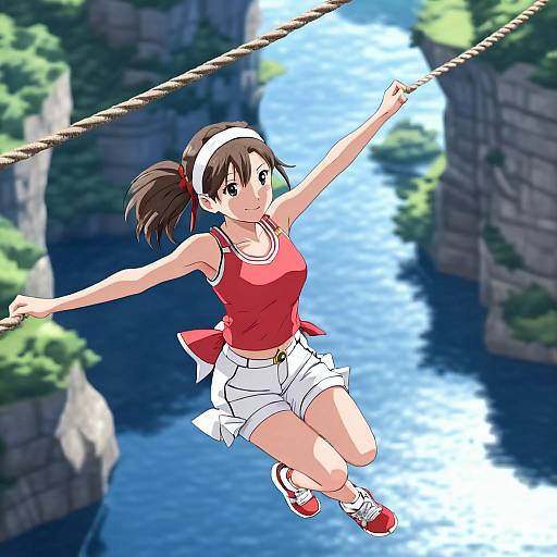 Suspended Girl at Cliffside River